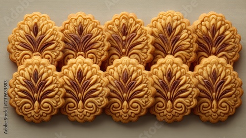 Assorted traditional decorative cookies with intricate floral patterns and golden-brown color arranged on a flat surface for celebration or festive occasions