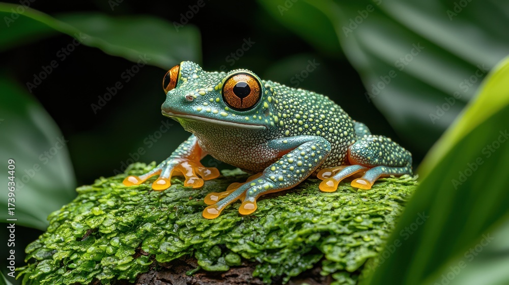 Fototapeta premium Vibrant frog on mossy log with leaves, eyes focused on camera