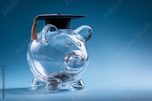 A glass piggy bank wearing a graduation cap showcases smart finance and planning for education costs and investment goals