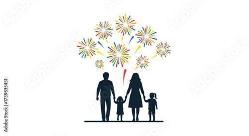 Silhouette of family watching colorful fireworks celebrating special moments together joyful