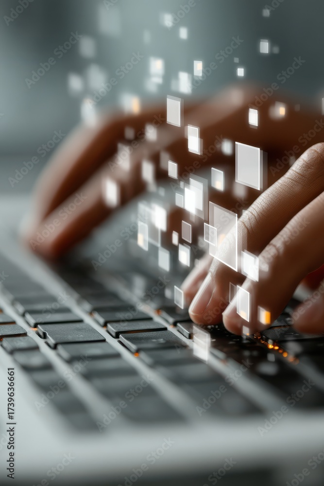 Fototapeta premium Hands typing on a laptop keyboard with digital data squares overlay