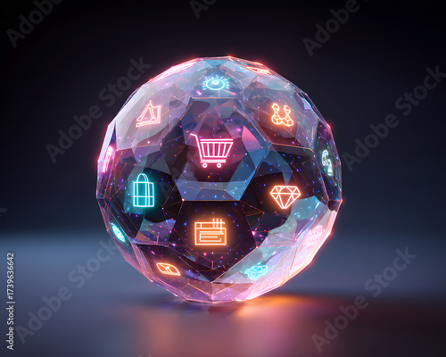 Futuristic ecommerce globe with neon icons