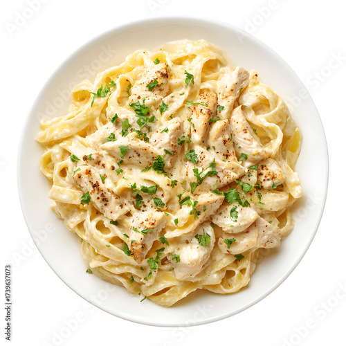 Delicious Creamy Chicken Fettuccine Alfredo Pasta on White Background