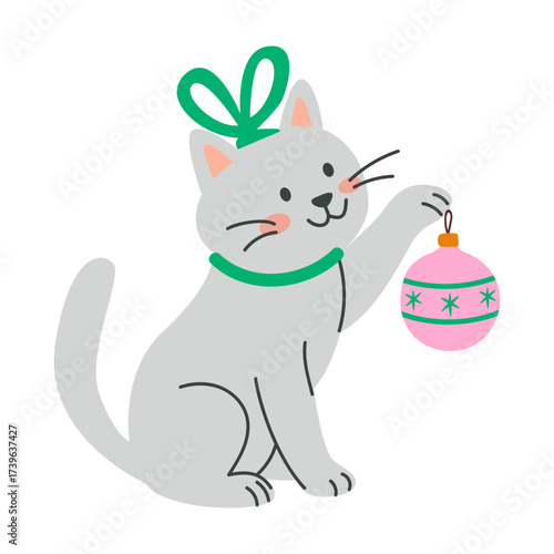 Christmas cat holding festive bauble holiday decoration