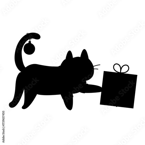 Black silhouette christmas cat with festive gift