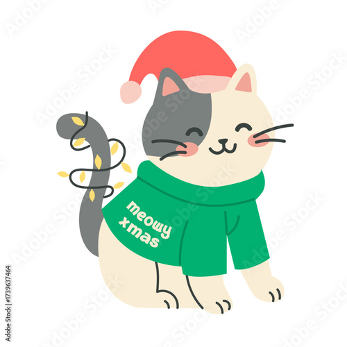 Christmas cat wearing green sweater with festive gifts holiday decoration