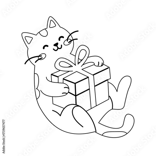 Outline christmas cat holding festive gift box decoration