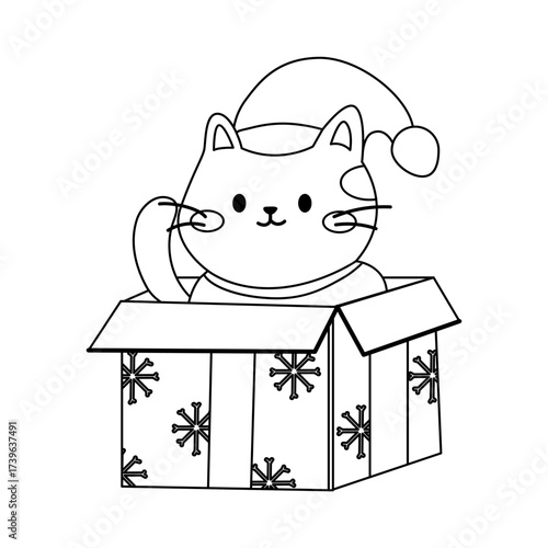 Outline christmas cat sitting inside festive gift box
