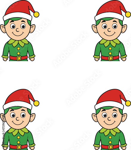 Vector cheerful cartoon Christmas elves wearing red hats and green outfits. 