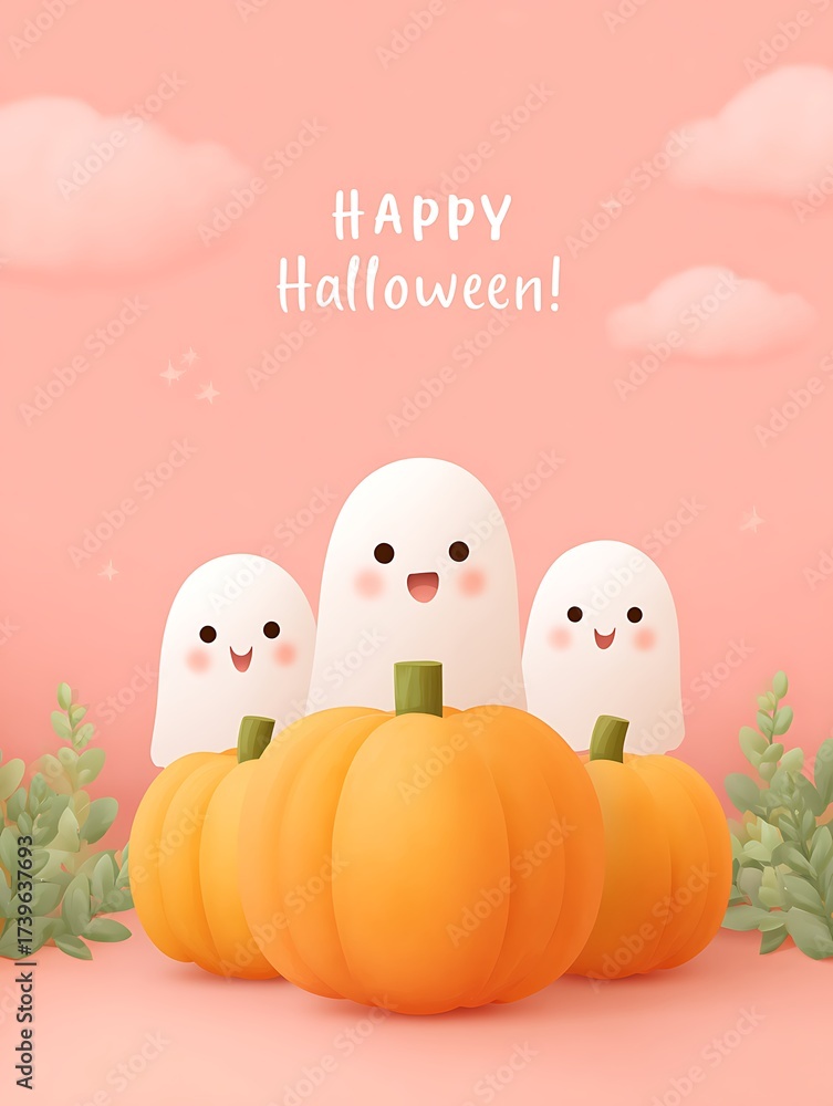 Fototapeta premium Cute Pumpkin Patch with Friendly Cartoon Ghosts in Halloween