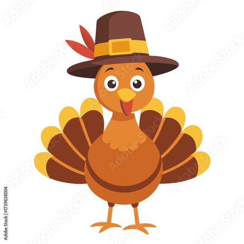 Funny cartoon character turkey bird in pilgrim hat. Thanksgiving Day. Isolated vector illustration on white background. Front view