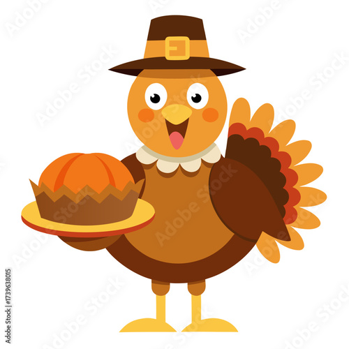 Funny cartoon character turkey bird in pilgrim hat and with pumpkin pie. Thanksgiving Day. Isolated vector illustration on white background