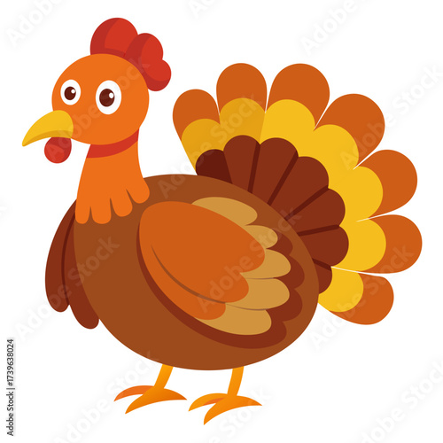 Cute cartoon character turkey bird. Thanksgiving Day. Isolated vector illustration on white background. Side view
