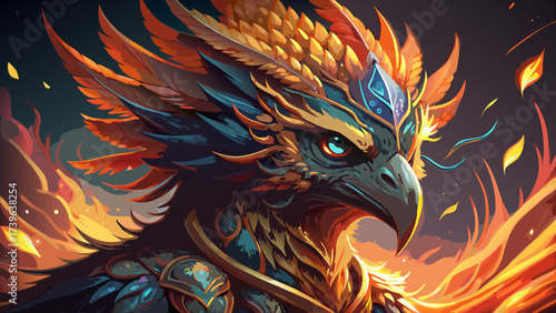 Close-up portrait of majestic phoenix face, fiery feathers, glowing eyes, surreal details, fantasy aura, dreamlike expression, legendary creature, imaginative illustration, epic artwork, magical close