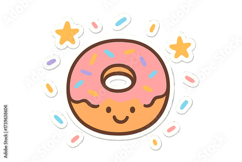 Smiling Donut Sticker. Lovely doodle stickers: smiling donut, tiny sprinkles and stars floating, simplified doodle shapes, white