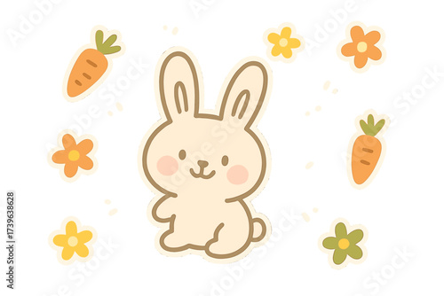 Rabbit and Carrot Stickers. Cute doodle stickers: smiling rabbit, tiny carrots and flowers floating, simplified doodle forms,