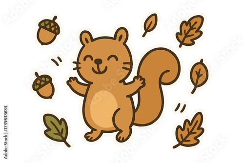 Doodle Squirrel Stickers. Lovely doodle stickers: happy squirrel, tiny acorns and leaves floating, simplified doodle shapes, white