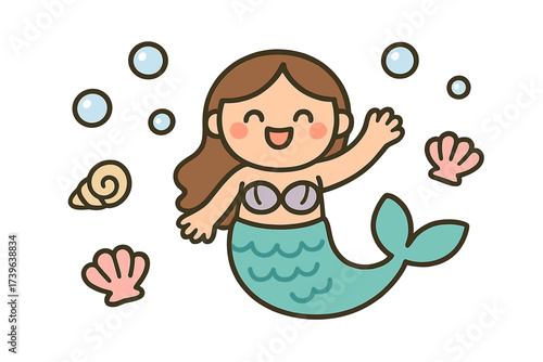 Mermaid Doodle Stickers. Cute doodle stickers: smiling mermaid, tiny shells and bubbles waving, simplified doodle forms, white