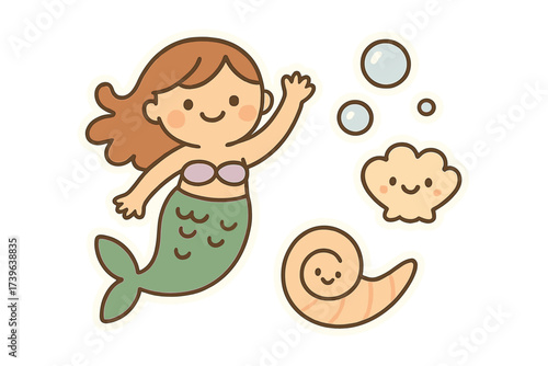 Mermaid Doodle Stickers. Cute doodle stickers: smiling mermaid, tiny shells and bubbles waving, simplified doodle forms, white