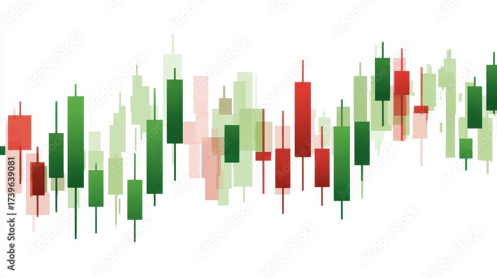 Fototapeta premium A candlestick chart clipart, trading element, minimal vector illustration, green and red, isolated on white background.