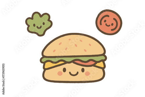 Smiling Sandwich Stickers. Charming doodle stickers: smiling sandwich, tiny lettuce and tomato floating, simplified doodle forms,
