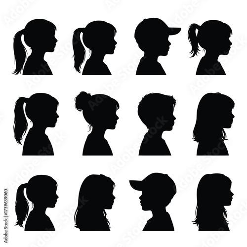 Vector illustration of diverse collection of black silhouette profile portraits of children, including boys and girls with different hairstyles and hats