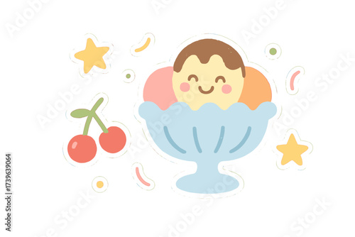 Ice Cream Doodle Fun. Lovely doodle stickers: happy ice cream sundae, tiny cherries and sprinkles floating, simplified doodle