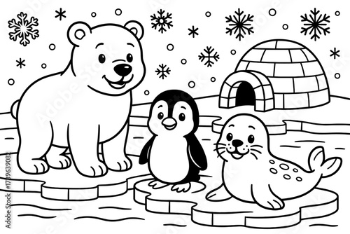Arctic Animals Adventure. Arctic animals coloring page: polar bear, penguin, and seal on ice, igloo in the background, snowflakes