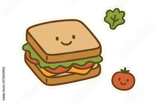 Smiling Sandwich Stickers. Charming doodle stickers: smiling sandwich, tiny lettuce and tomato floating, simplified doodle forms,