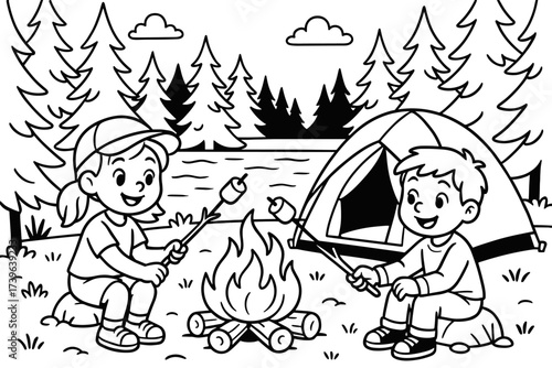 Camping Fun Coloring Page. Camping adventure coloring page: tent by a lake, campfire burning, kids roasting marshmallows, pine