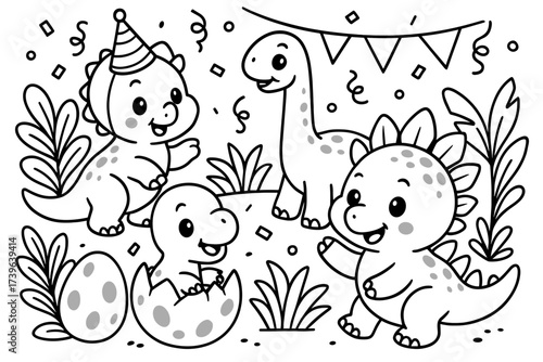 Dinosaur Party Fun. Cute dinosaur party coloring page: group of baby dinosaurs playing together, eggs and plants around, black and