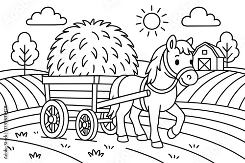 Hayride Cartoon Fun. Hayride coloring page: wagon full of hay, horse pulling it, farm fields around, black and white vector line