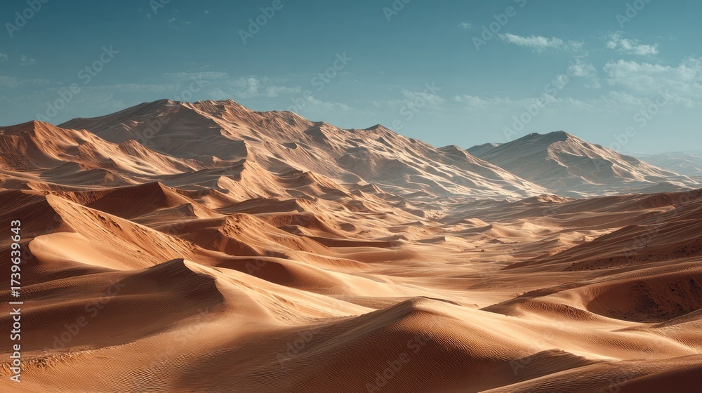 Fototapeta premium Vast Expansive Desert Landscape with Golden Sand Dunes Under Clear Blue Sky in a Remote Natural Environment Du Daytime