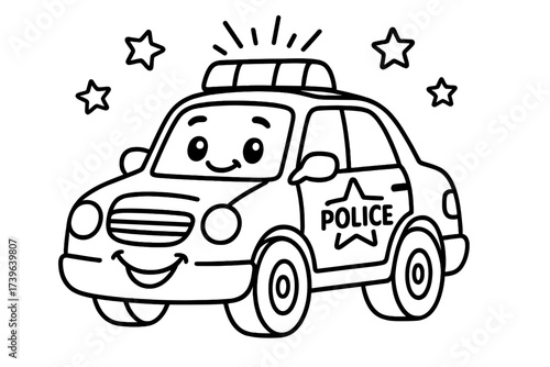 Cartoon Police Car. Transport coloring page: police car with flashing lights, smiling grill, stars above, black and white vector