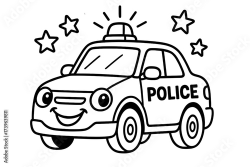 Cartoon Police Car. Transport coloring page: police car with flashing lights, smiling grill, stars above, black and white vector