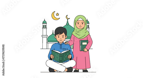 Children Reading Quran in Front of Mosque Islamic Education and Faith Symbolism