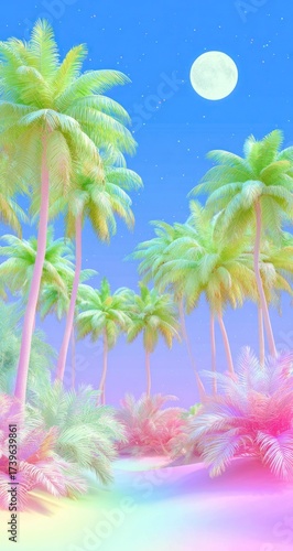 A vibrant, pastel-hued tropical scene with palm trees, a full moon, and a starry sky