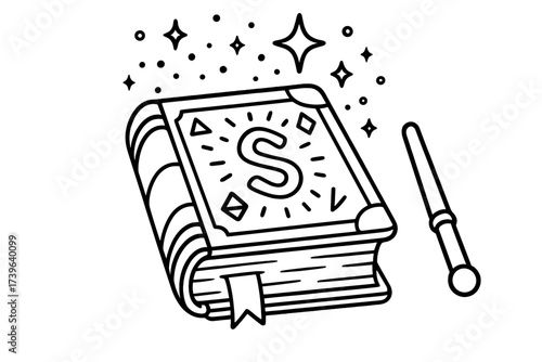 Magical Book and Wand. Magical creatures coloring page: magical book with glowing runes, sparkles above, wand nearby, black and