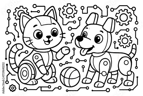 Robot Pets Playtime. Robots & Gadgets coloring page: robot cat and dog playing together, gears and circuits around, black and