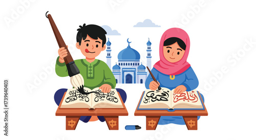 Children Learning Arabic Calligraphy at Islamic School with Mosque Background