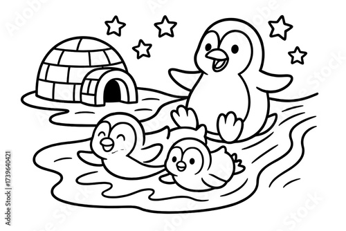 Penguins Sliding Fun. Arctic world coloring page: penguin family sliding on ice, igloo nearby, stars above, black and white vector