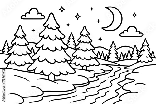 Arctic Moonlit Landscape. Arctic world coloring page: snowy landscape with frozen river, pine trees covered in snow, moon shining