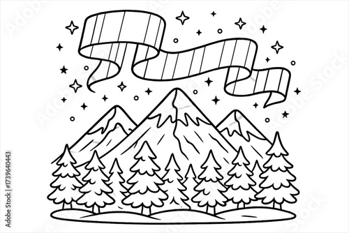 Northern Lights Coloring. Arctic world coloring page: northern lights over snowy mountains, pine trees below, stars twinkling,