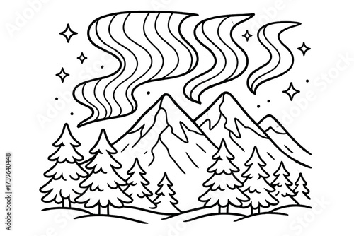 Northern Lights Coloring. Arctic world coloring page: northern lights over snowy mountains, pine trees below, stars twinkling,