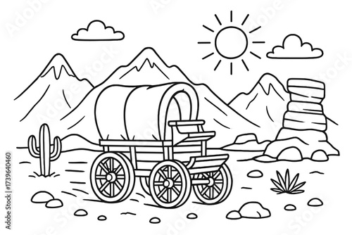 Stagecoach in Desert Landscape. Desert & Wild West coloring page: stagecoach wagon rolling, mountains and desert rocks behind, sun