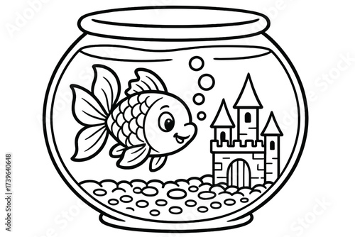 Goldfish Bowl Adventure. Animals & Pets coloring page: goldfish swimming in bowl, bubbles rising, castle decoration inside, black