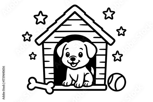 Puppy's Cozy Doghouse. Animals & Pets coloring page: doghouse with puppy inside, bone and ball outside, stars around, black and