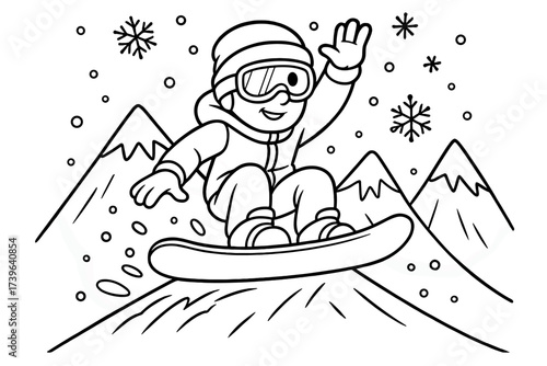 Snowboarder Jumping Adventure. Sports coloring page: snowboarder jumping off slope, snowflakes falling, mountains behind, black