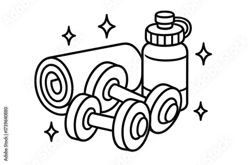 Fitness Gear Coloring. Sports coloring page: dumbbells and water bottle, yoga mat rolled beside, sparkles around, black and white