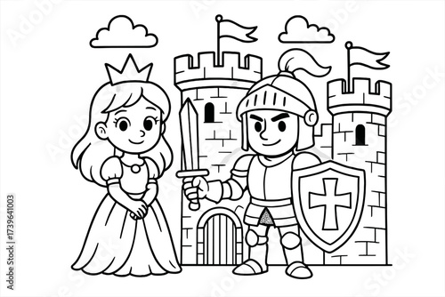 Knight at Castle Gate. Princess & Knights coloring page: brave knight in armor holding sword and shield, castle gate behind, flags